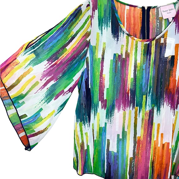 NWT Romeo & Juliet Couture multicolor brushstroke split sleeve semi sheer top L - Picture 5 of 9